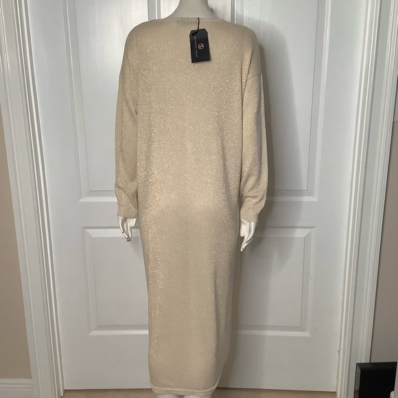 Alchemia Tricot gold shimmer Maxi sweater dress, elegant metallic knit V-neck - Picture 5 of 12